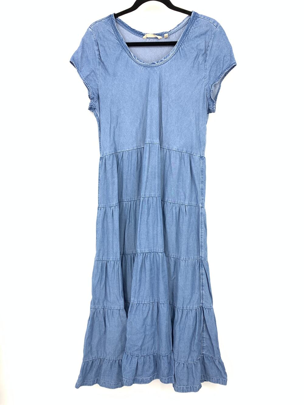 Soft Surroundings Tiered Short Sleeve Maxi Dress Womens Size PXL Chambray Blue
